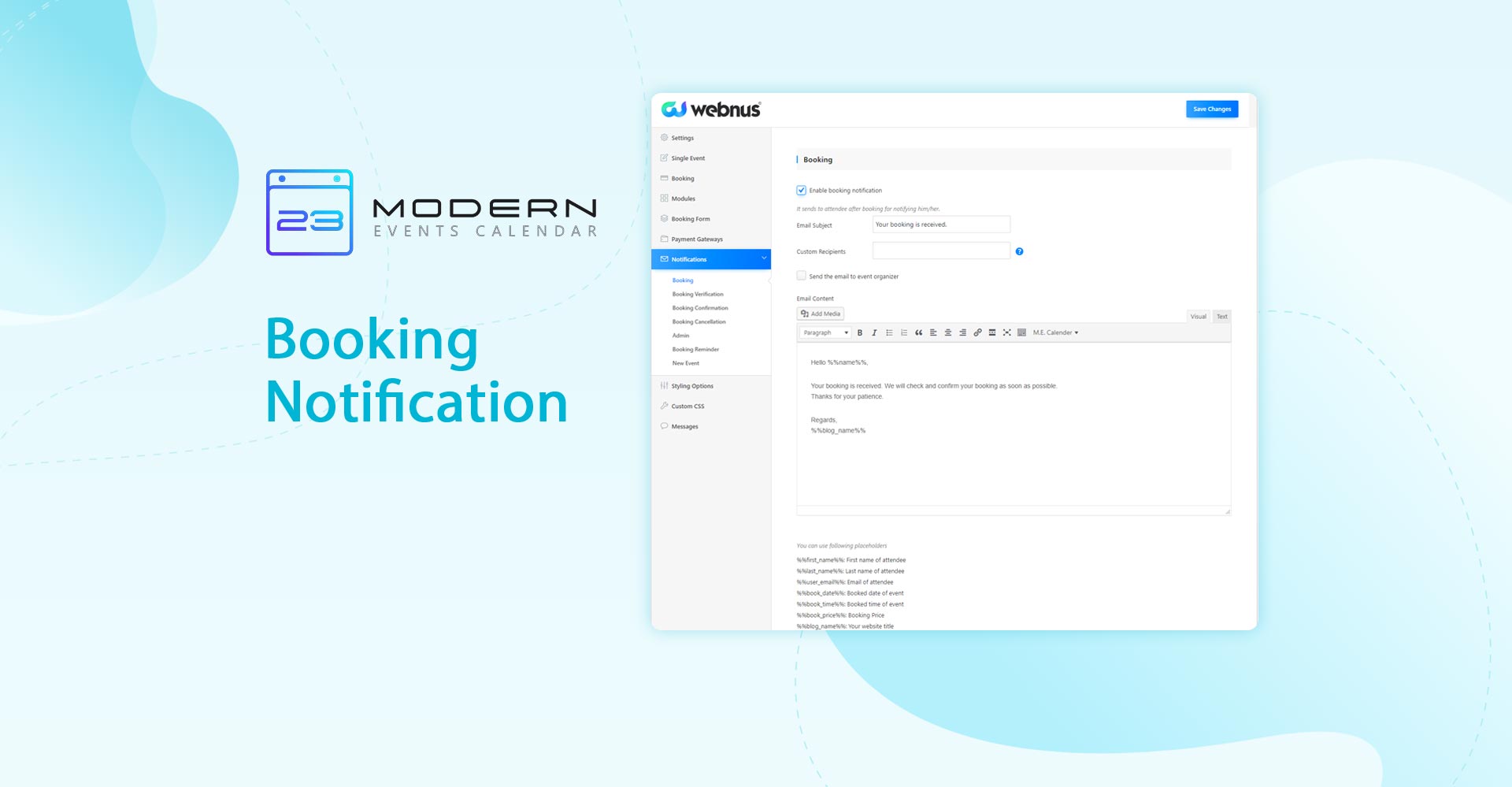 booking notification in WordPress modern Event Calendar