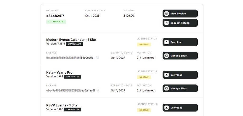 Webnus dashboard purchases list with licenses for Modern Events Calendar, Kata and RSVP Events