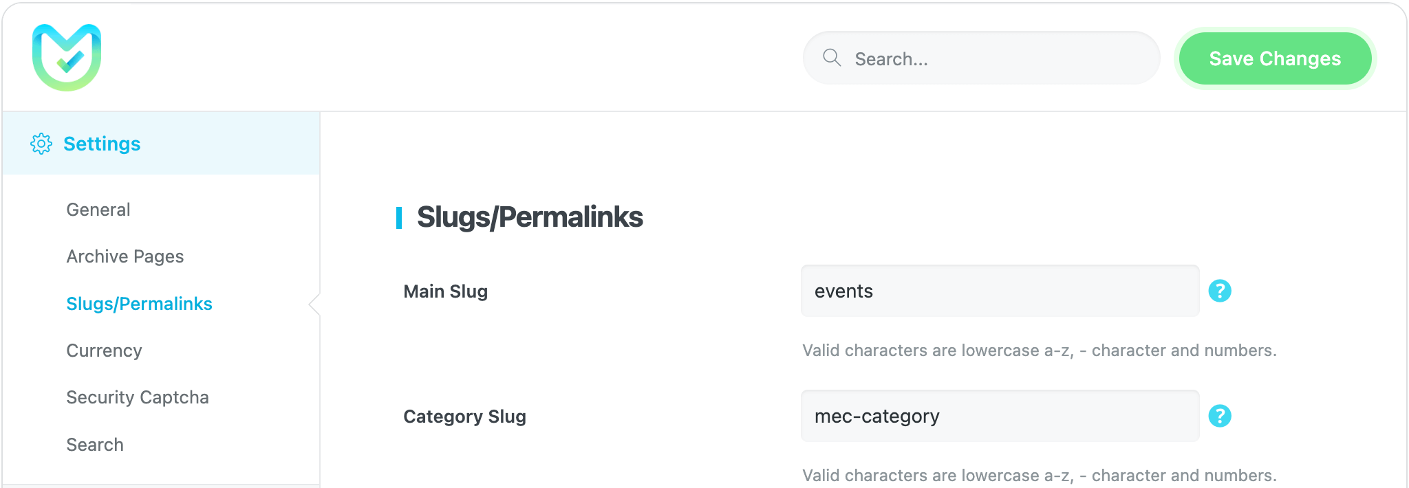 mec general 05 - General Settings Slugs