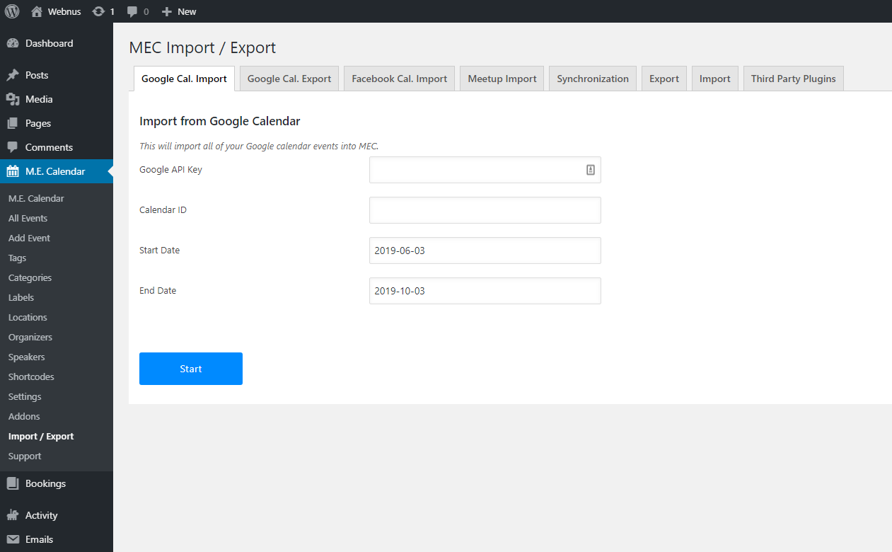 Import/Export - WordPress Event Calendar