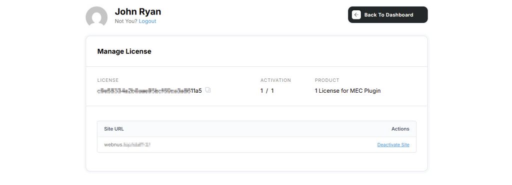 Activation N 04 | Mec Activation Issue Webnus account Manage License page showing a purchase code and the activated site URL