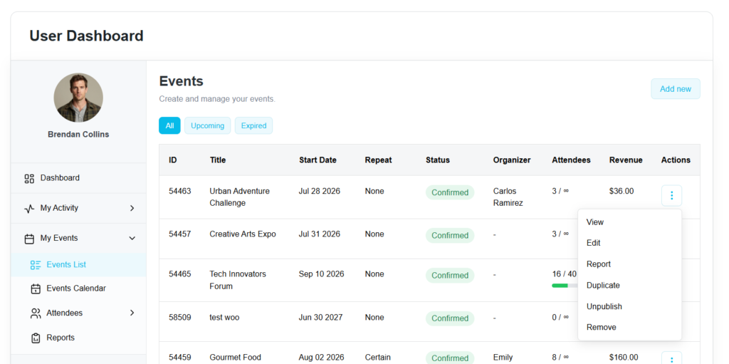 User Dashboard Addon
