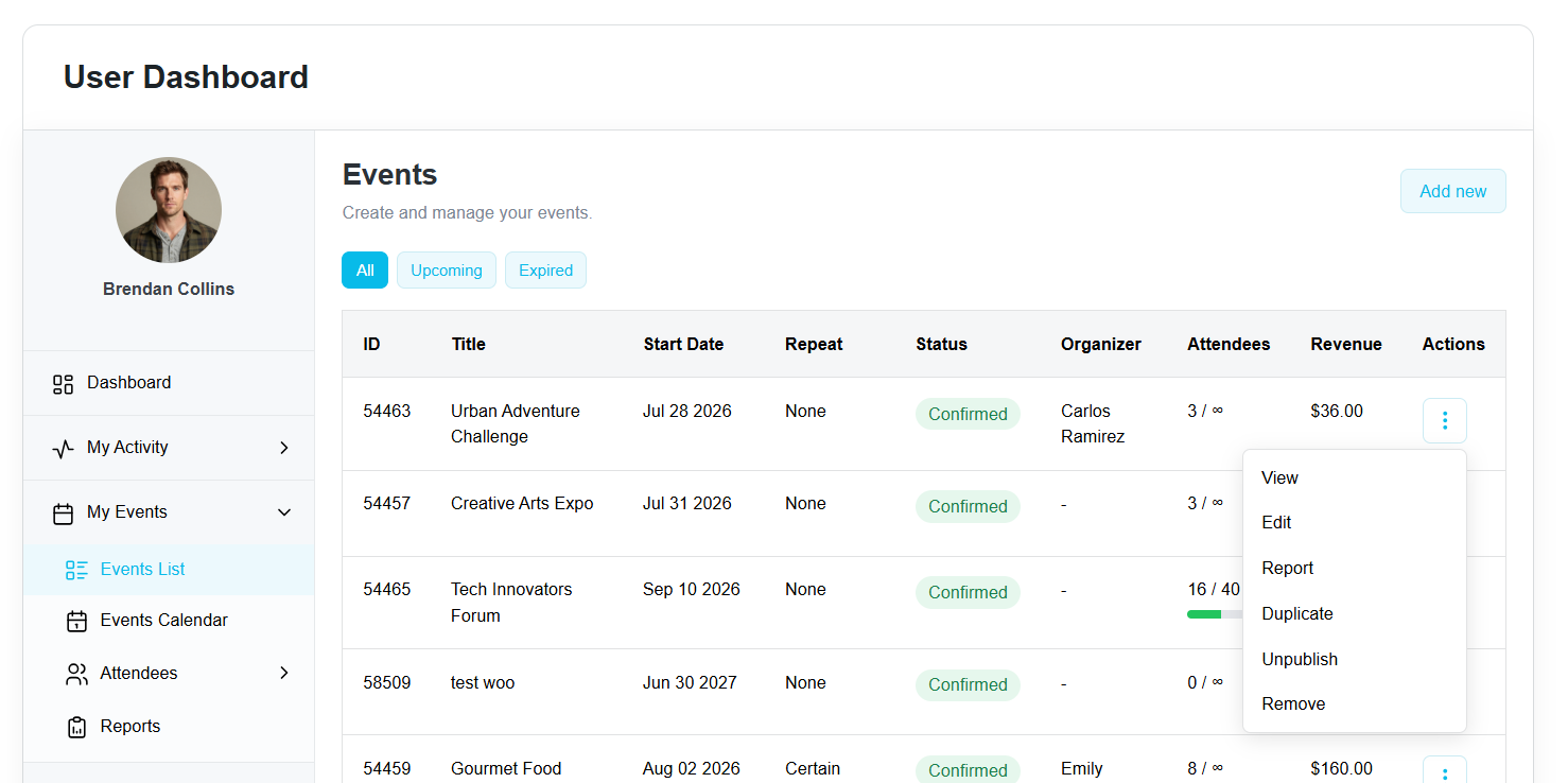 User Dashboard Addon