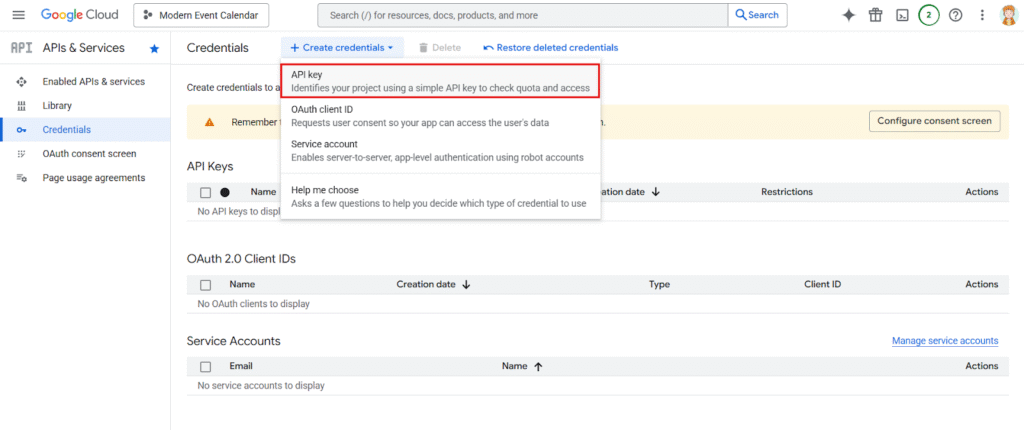 Creating Google Calendar API Key