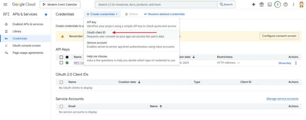 Creating Google Calendar API Key