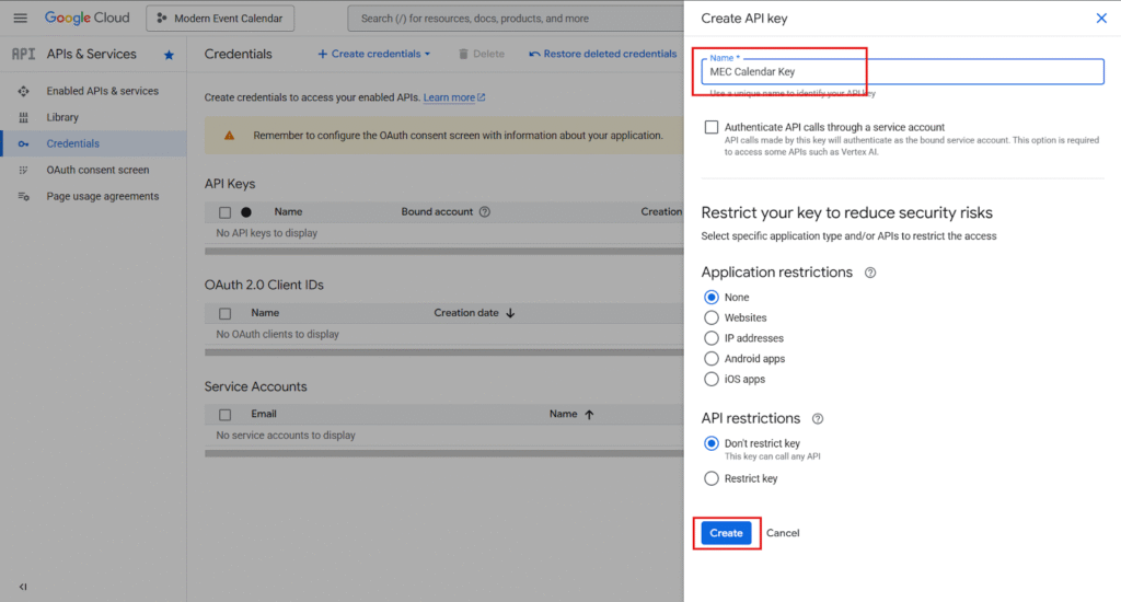Creating Google Calendar API Key