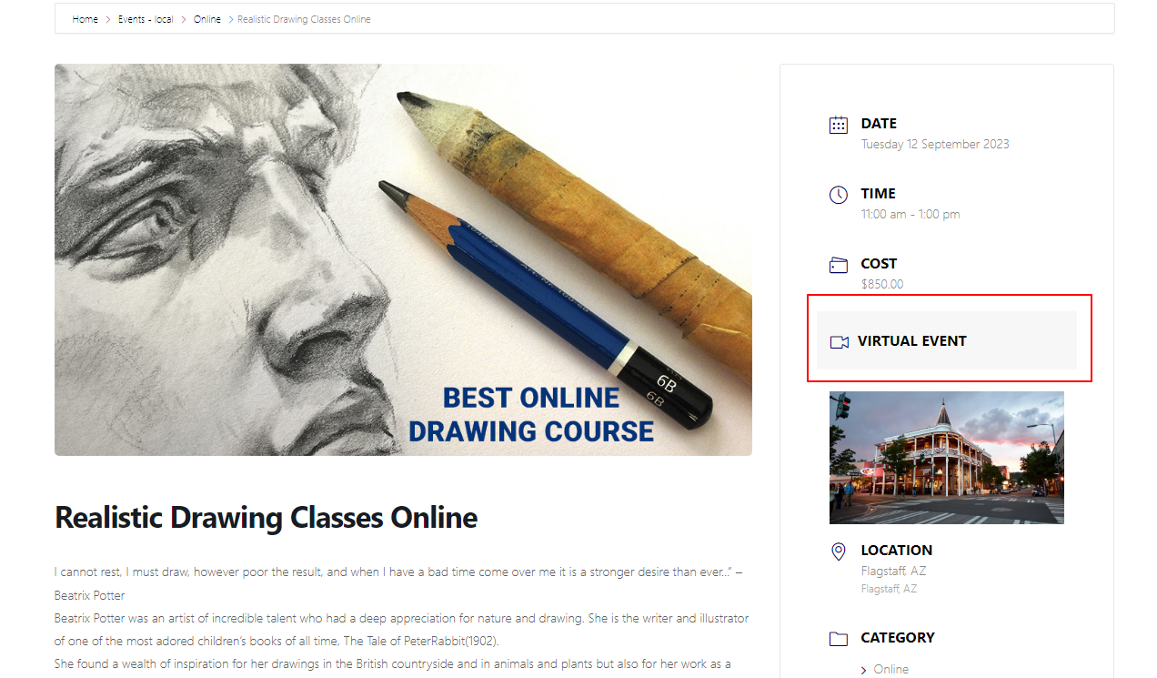 Realistic Drawing Classes Online – local - Virtual Events Addon
