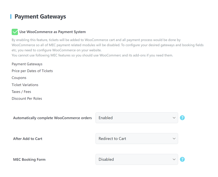 mec booking payment gateways use woo - Booking Settings