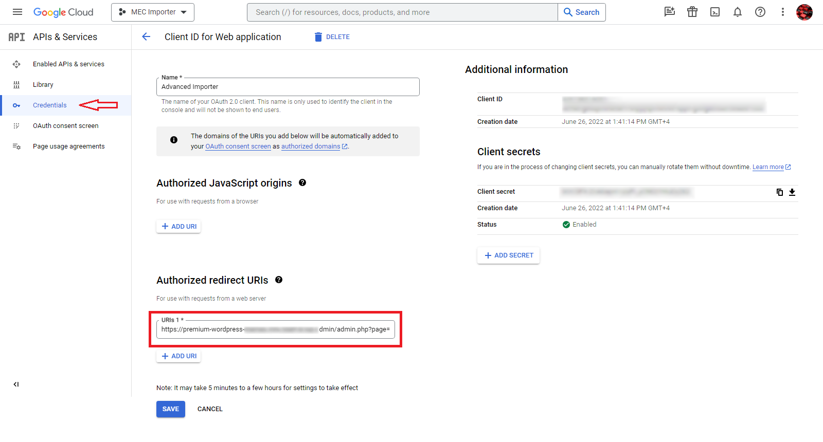 ID client pour application Web – Services API – Importateur MEC – Console Google Cloud | Advanced Importer Addon Advanced Importer Addon