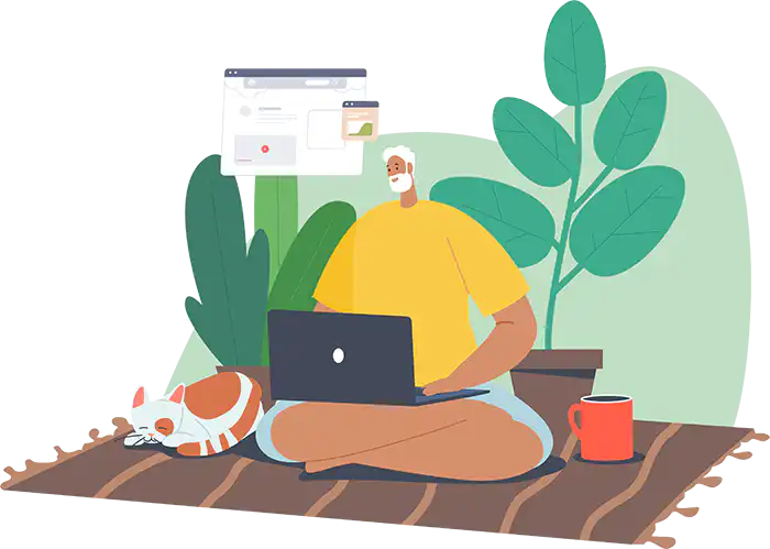 Illustration of a man working on a laptop on a rug with plants and a cat, representing fast mode