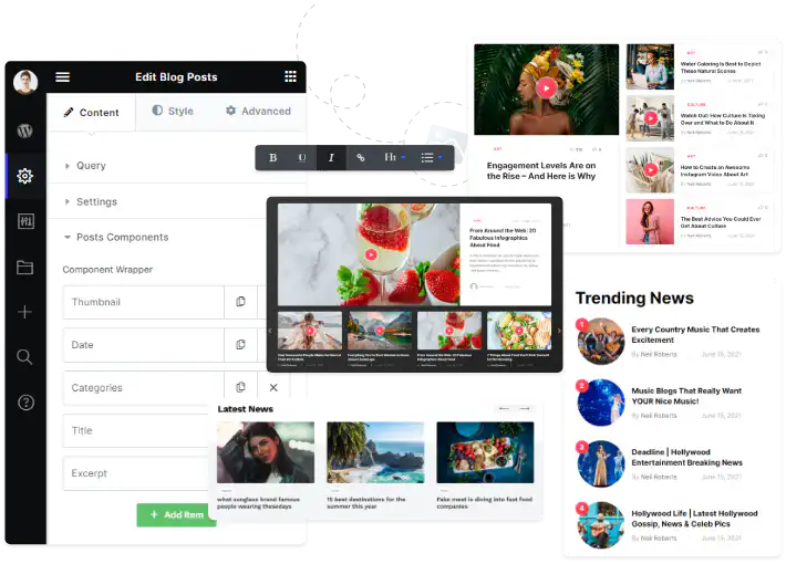 Kata blog builder editing a news blog layout with post components and trending news