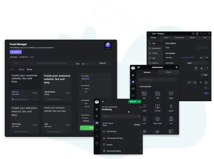 Kata dark mode interface with font manager and styler panels