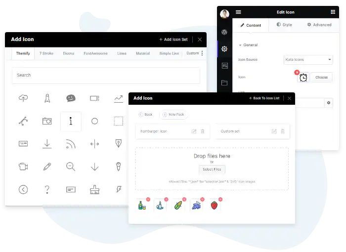Kata icon manager with icon library and custom icon upload