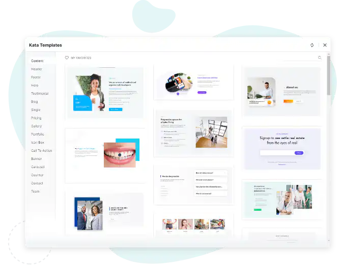 Kata template library with prebuilt page templates and categories