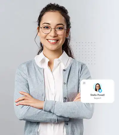 Smiling support specialist with glasses and crossed arms next to a support agent profile card