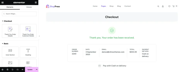 ShopPress thank you page builder in Elementor with an order received message