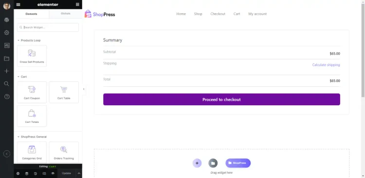 ShopPress cart totals builder in Elementor with a Proceed to Checkout button