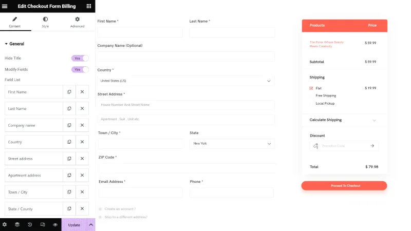 ShopPress checkout page builder with billing form and order summary