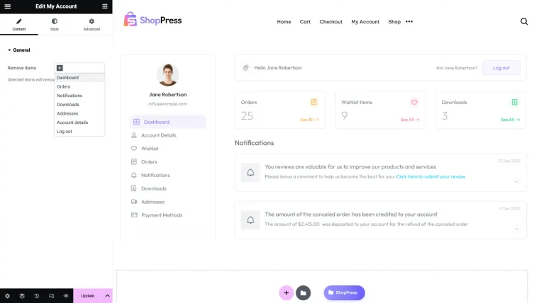 ShopPress My Account page builder in Elementor with the account dashboard