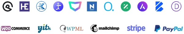 Logos of compatible themes and plugins including WooCommerce, YITH, WPML, Mailchimp, Stripe and PayPal