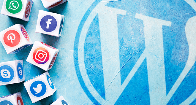 Social media icons over the WordPress logo