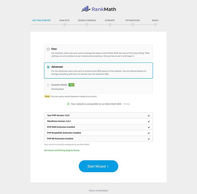 Rank Math-Einrichtungsassistent mit einfachen, erweiterten und benutzerdefinierten Modusoptionen zum Importieren von SEO-Einstellungen