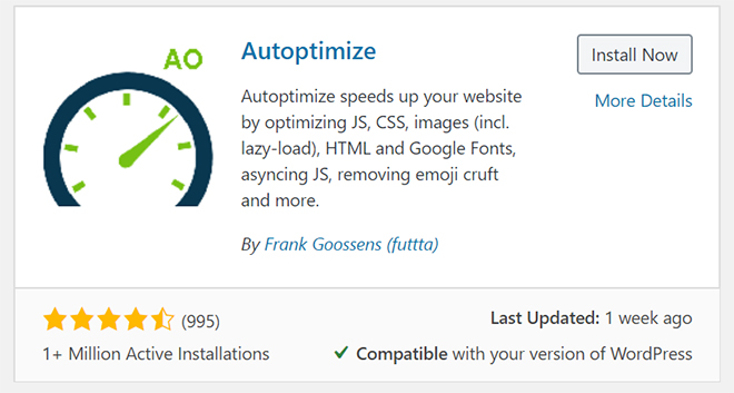 Autoptimize WordPress caching plugin card with a speed gauge and 1+ million installs
