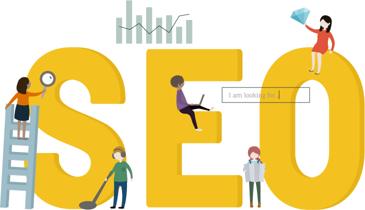 رسم توضيحي لأشخاص يعملون على حروف SEO صفراء عملاقة، تمثل أفضل ممارسات تحسين محركات البحث.
