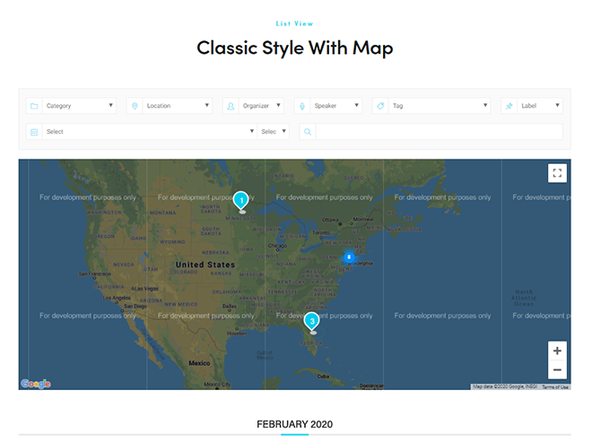 Estilo clásico con mapa | Modern Events Calendar Vistas