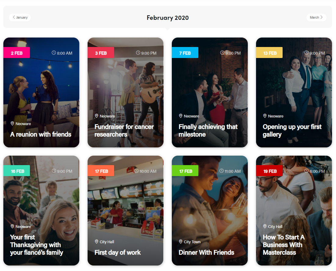 Modern Events Calendar Vista en mosaico que muestra los eventos de febrero como tarjetas de imagen.
