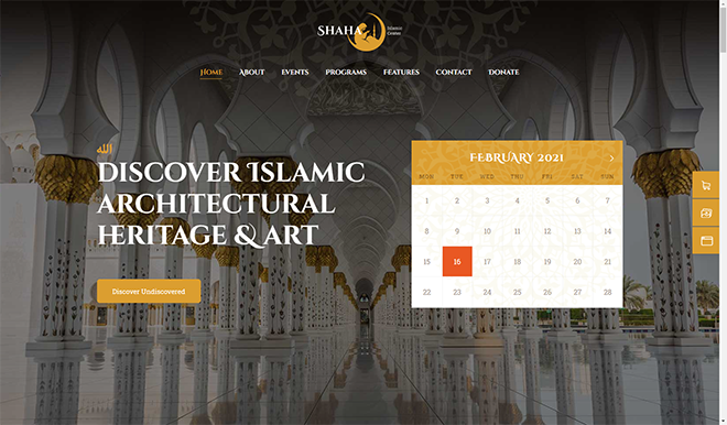 Demo eines WordPress-Themes für islamische Zentren mit einem Hero-Element für ein Moscheeinterieur und einem Veranstaltungskalender