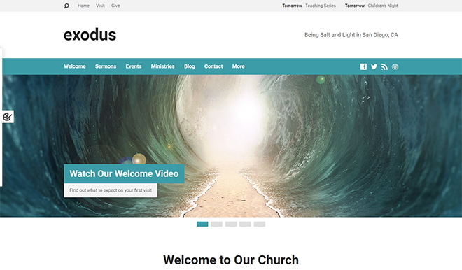 Demo des WordPress-Themes „Exodus Church“ mit einem Helden im geteilten Meer und der Schaltfläche „Unser Willkommensvideo ansehen“