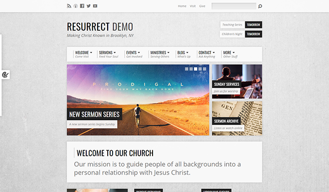 Demo des WordPress-Themes „Resurrect Church“ mit einem Slider für Predigtreihen und einem Willkommensbereich