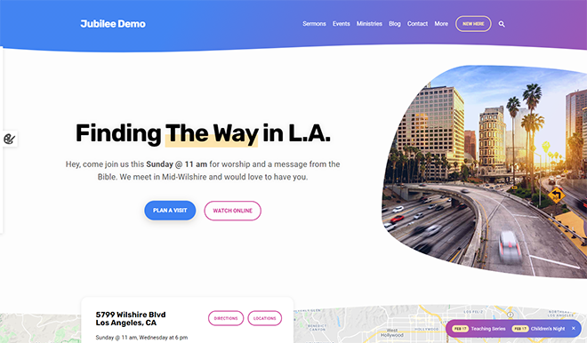 Demo des WordPress-Themes „Jubilee Church“ mit dem Hero-Element „Finding The Way in LA“ und Gottesdienstzeiten