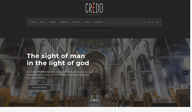 Credo WordPress-Theme-Demo für Kirchen mit einem Kathedralen-Interieur-Herausgeber