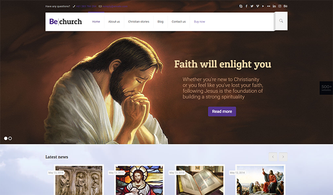 BeChurch WordPress-Theme-Demo mit einem Gemälde eines betenden Jesus und der Überschrift „Glaube wird dich erleuchten“.