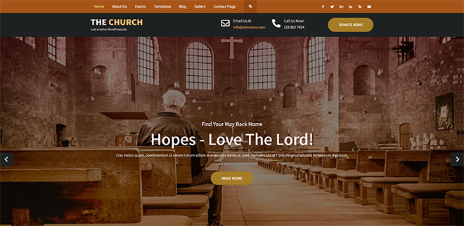 Die Demo des WordPress-Themes „Kirche“ mit einem historischen Kircheninterieur und der Überschrift „Hoffnungen – Liebe den Herrn“.