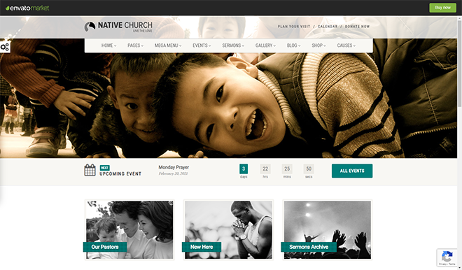 Demo des WordPress-Themes „Native Church“ mit lächelnden Kindern und einer Bar für eine bevorstehende Veranstaltung