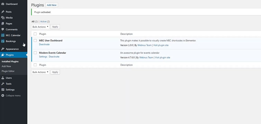 User Dashboard + MEC – WordPress Plugins – Admin Area User Dashboard page in WordPress pages list