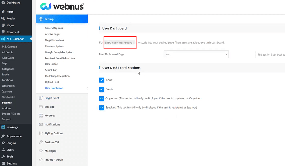 User Dashboard Shortcode – Modern Events Calendar – Admin Area MEC User Dashboard shortcode setting