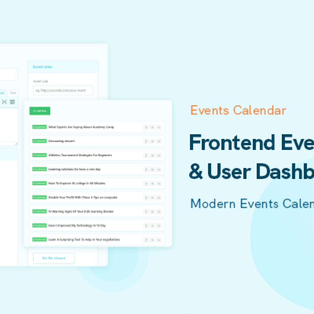 Modern Events Calendar दृश्यपटल घटना प्रस्तुत करने की सुविधा और उपयोगकर्ता डैशबोर्ड ऐड-ऑन