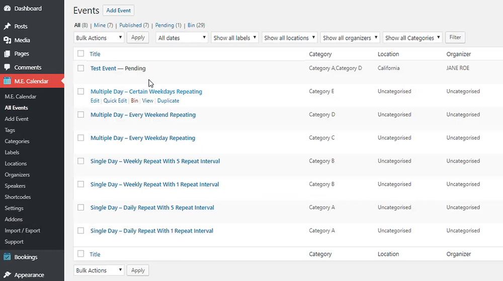 Submitted Events List – Frontend Event Submission – Admin Area Submitted events list in the MEC admin area