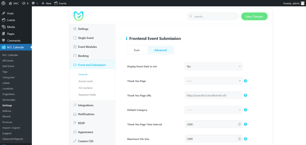 Presentación de eventos frontend