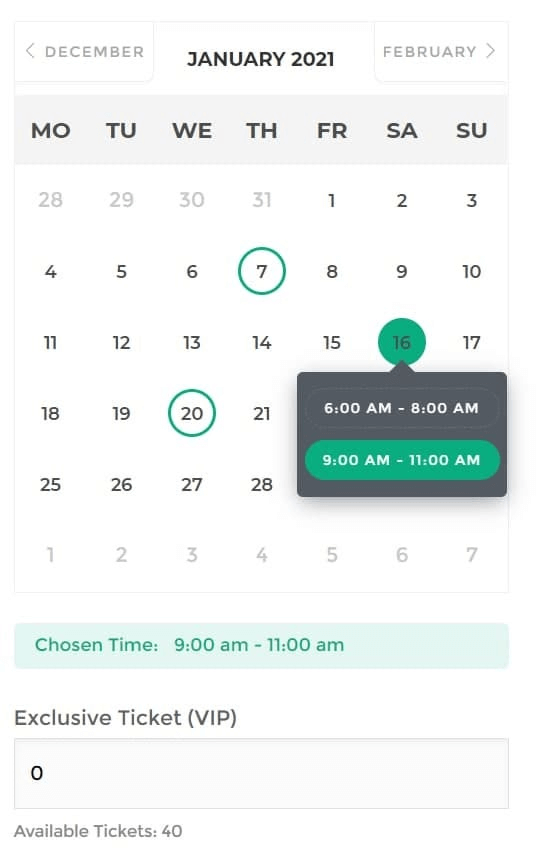 MEC New Booking Feature Calendar for Date Selection