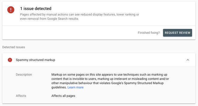 Уведомление Google Search Console о ручных действиях в связи с использованием спам-структурированной разметки.