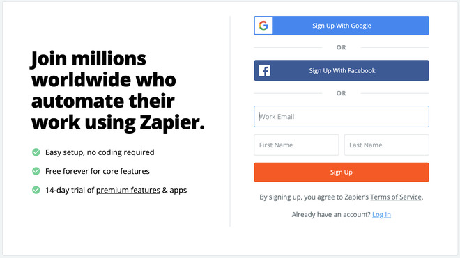 إنشاء حساب Zapier
