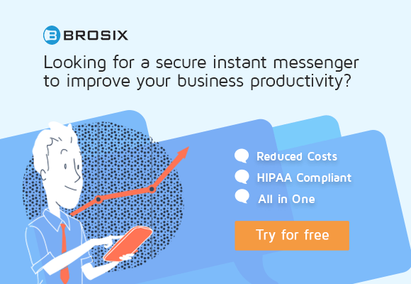 Banner de Brosix que promociona un servicio de mensajería instantánea seguro y compatible con HIPAA para la productividad empresarial.