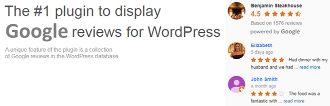 Widget for Google Reviews plugin banner showing star ratings and customer reviews in WordPress
