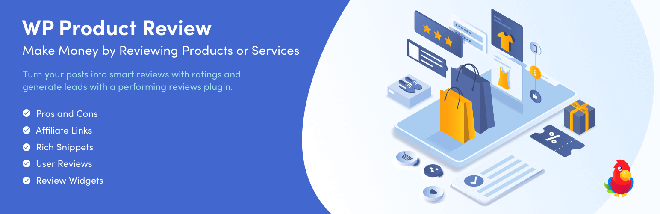 WP Product Review plugin banner listing pros and cons, affiliate links and rich snippets