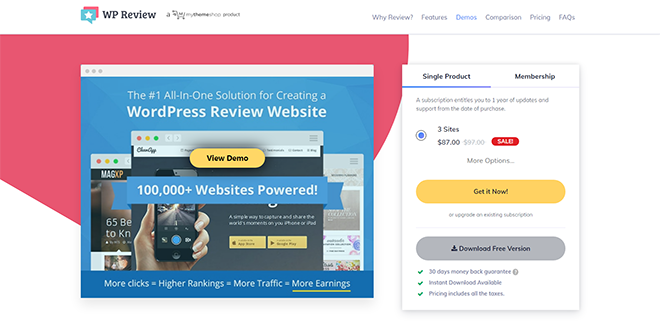 WP Review plugin homepage for creating a WordPress review website